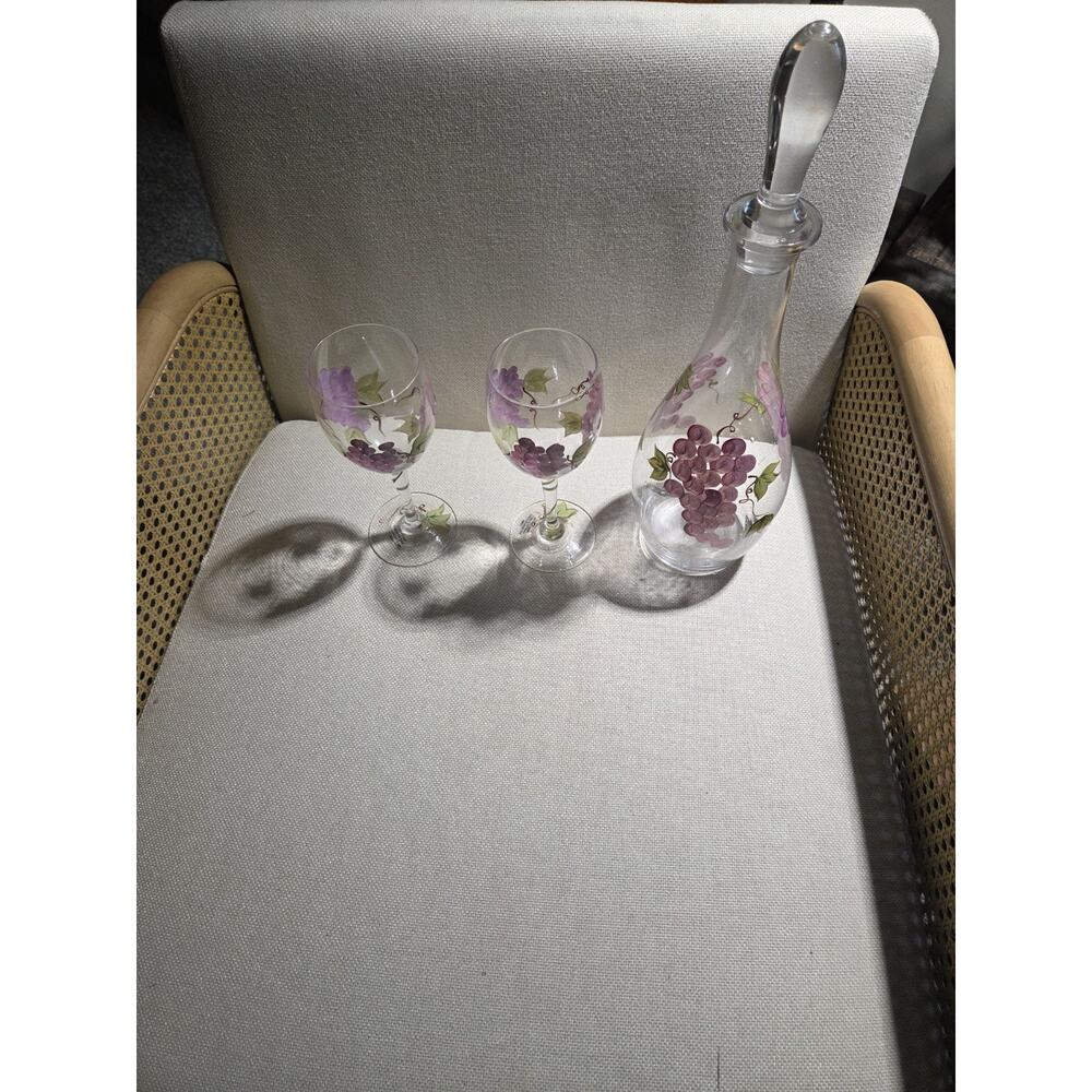 Home Essentials Vintage Hand Painted Wine Decanter Set 2 Glasses Purple Grapes